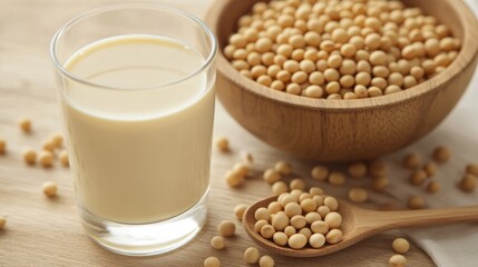 A detailed image of a glass with soy milk beside a wooden bowl filled with soybeans and a wooden spoon in a natural setting