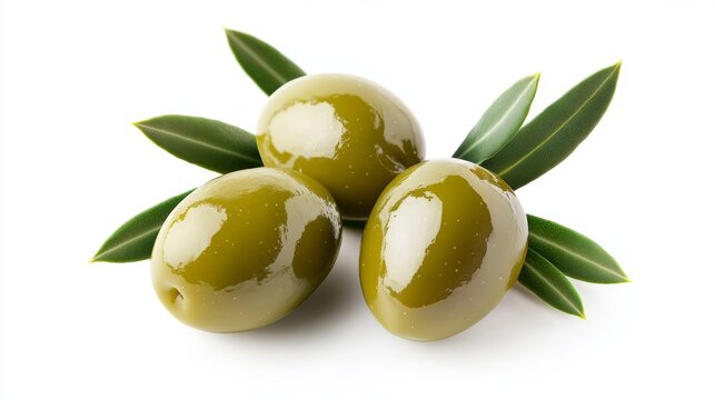 A detailed close up image of three pitted green olives with glossy smooth texture and fresh natural green leaves isolated on a plain background