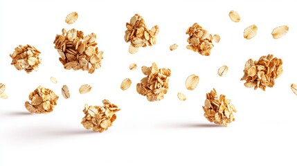 Artistic composition of scattered oat granola clusters and whole rolled oats isolated in midair on pure white background