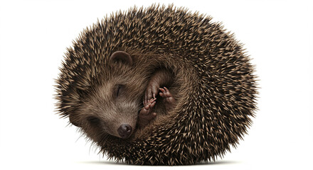 A serene hedgehog curled into a spiky ball, captured in slumber against a pristine white backdrop, evoking a sense of safety and tranquility