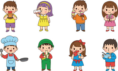 Cartoon children eating, cooking, playing, colorful food and outfits, joyful moments, educational vector, diverse characters, high-quality fun illustration