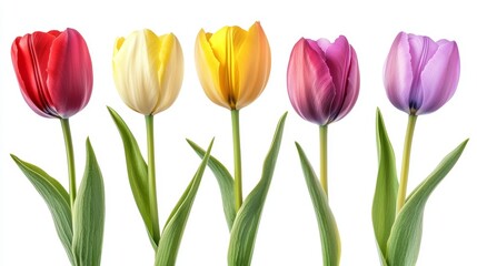 Fototapeta premium Elegant Five Tulip Flowers in Vibrant Red, Yellow, Deep Purple, Soft Lavender and Pink Shades