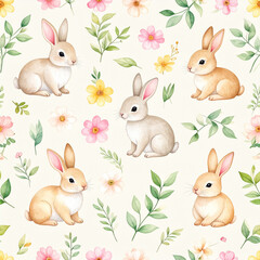 Adorable Bunnies and Blossoms: A charming watercolor illustration featuring four adorable bunnies nestled amongst delicate spring blossoms and lush green foliage.