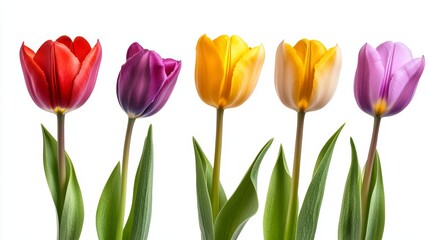 Elegant tulip arrangement featuring vibrant red, yellow, deep purple, soft lavender, and pink blooms in a stunning garden display