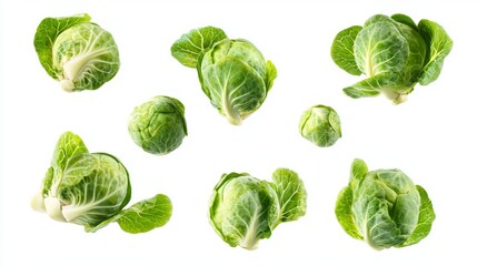 Floating Brussels sprouts captured midair from multiple angles on a bright pure white backdrop