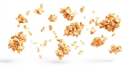 Intricate arrangement of natural oat granola clusters and whole rolled oats gracefully floating in midair on a pure white background