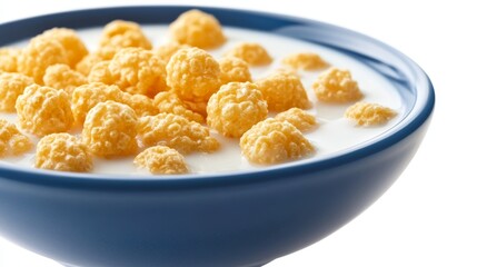 High resolution closeup view of a bright blue bowl filled with crunchy golden cereal balls floating in fresh white milk