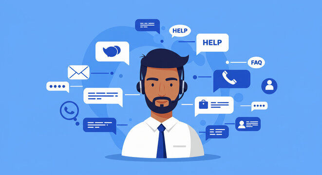 Customer service representative with headset surrounded by communication icons on blue background