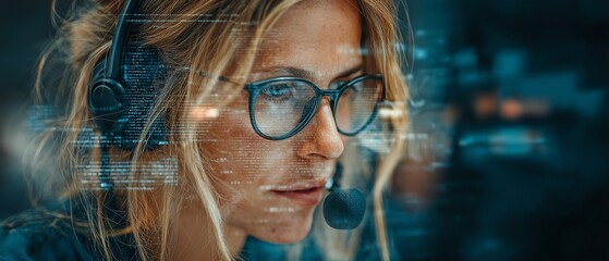 A listening agent with a digital overlay is answering calls at a call centre while wearing a headset.