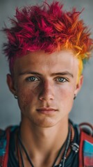 A young man's portrait with a rainbow-coloured mohawk and bright pink hair