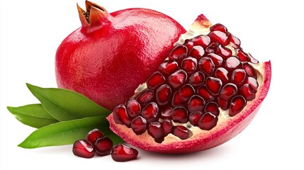 Vibrant sliced pomegranate display with glistening ruby red seeds on natural curved arrangement
