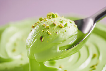 A close-up of a shiny scooper cradling bright green pistachio ice cream. The glossy surface and embedded pistachios highlight the dessert's creamy, refreshing allure.