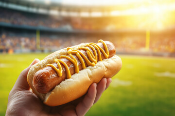 A hot dog held in hand oozes mustard and ketchup in artistic swirls. The background features a lively football stadium with vibrant fans and green turf, encapsulating a classic American game day vibe.