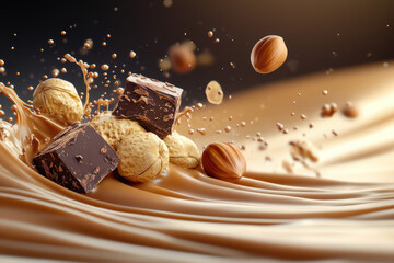 Delight in this macro shot showcasing thick chunks of dark chocolate surrounded by whole hazelnuts. The glossy melted chocolate splash adds a layer of indulgence to this gourmet treat.