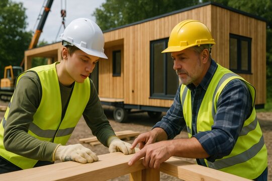 Experienced builder guides a young apprentice in constructing an eco friendly home, emphasizing sustainable building techniques and teamwork