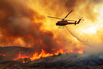 A firefighting helicopter drops fire retardant over a blazing hillside wildfire, with intense flames and swirling smoke adding to the dramatic, high-energy scene.