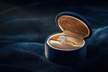 A stunning engagement ring featuring a brilliant-cut diamond set in a sleek platinum band. Nestled in a plush velvet box, this piece epitomizes luxury and elegance for a perfect proposal.