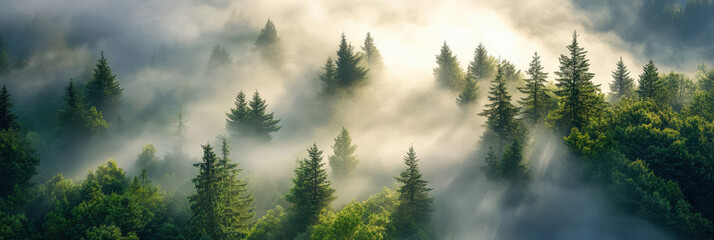 A mist-covered pine forest creates an ethereal landscape with towering trees disappearing into fog. Soft sunlight beams create mystical shadows, enhancing the serene and atmospheric environment.