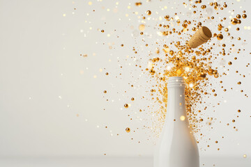 A sleek champagne bottle erupts with bubbling golden effervescence as the cork soars into the air. This sparkling pop captures the essence of celebration and luxury.