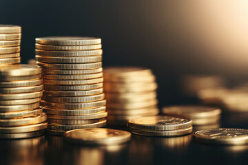 Symmetrical stacks of empty gold coins display striking wealth on a sleek black surface. The varying heights and orderly arrangement create an impressive visual of economic opulence.