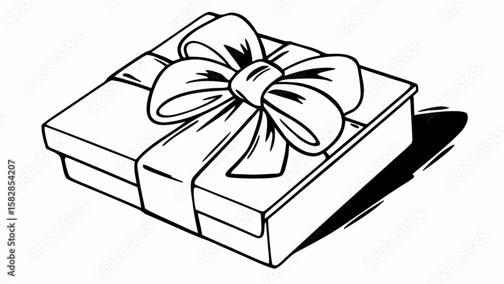 Poster illustration of a square gift box with a large bow and ribbon in a simple black and white style crea