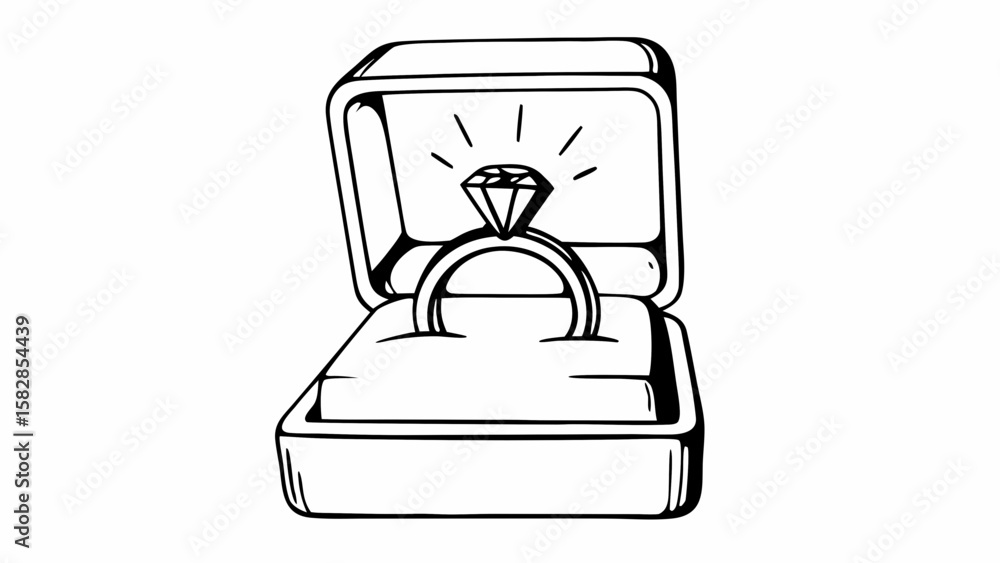 Poster ring in a box with a diamond on top and light rays coming from it in a black and white drawing style