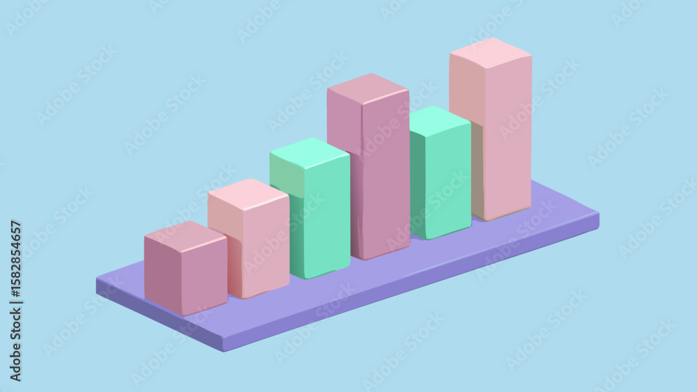 Poster isometric view of a pastel colored bar graph with a light blue background showing growth trend creat