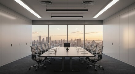 Modern Conference Room with Large Windows and City View in Bright Office Space