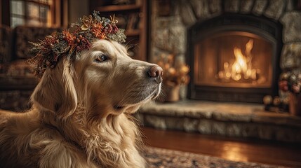 Golden retriever dog with holiday wreath around neck, sitting by a fireplace (no people), warm cozy living room, photorealistic style