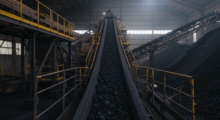 Industrial Coal Conveyor Belt Inside Factory with Dark Atmosphere and Machinery