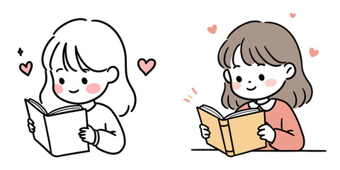 Girl reading book, simple doodle drawing in flat style