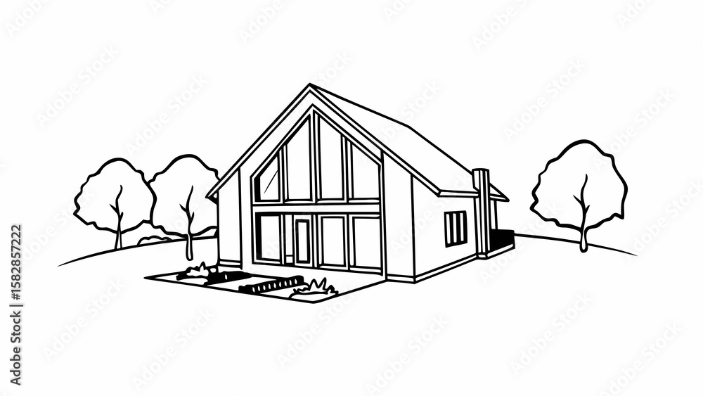 Poster illustration of a modern house with large windows and trees in a black and white drawing style creat