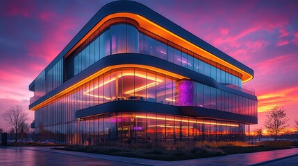 Modern office building at sunset with vibrant lights