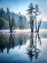 Fototapeta premium Twisted tree trunks reflected on a calm dark lake surface with eerie mist and fog surrounding the trees