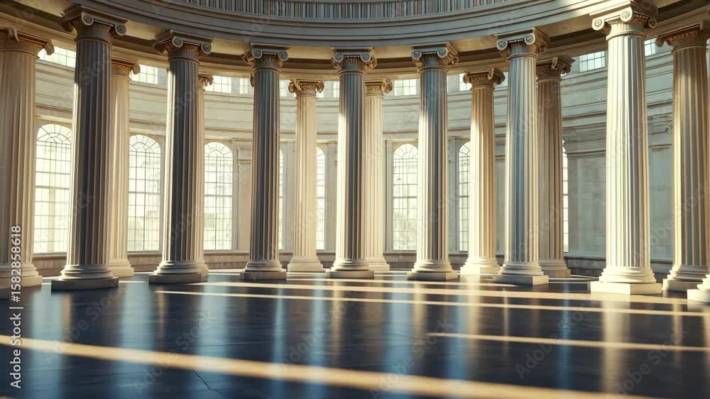 Poster sunlight pours through large windows, casting shadows on polished floors and highlighting beautiful 