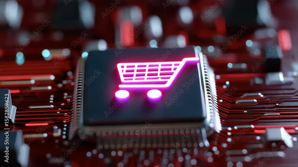 Poster a computer chip with a shopping cart on it. the shopping cart is glowing in red. concept of technolo
