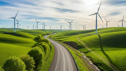 A scenic view of wind turbines dotting a green, rolling landscape under a bright sky, showcasing renewable energy generation
