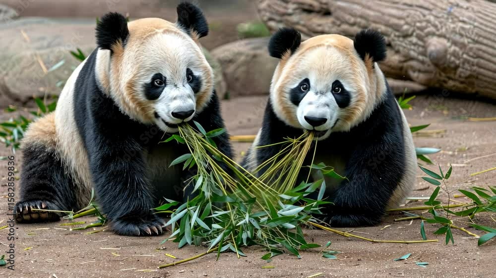 Poster two cute pandas selectively nibble on bamboo while enjoying their time together in a serene environm
