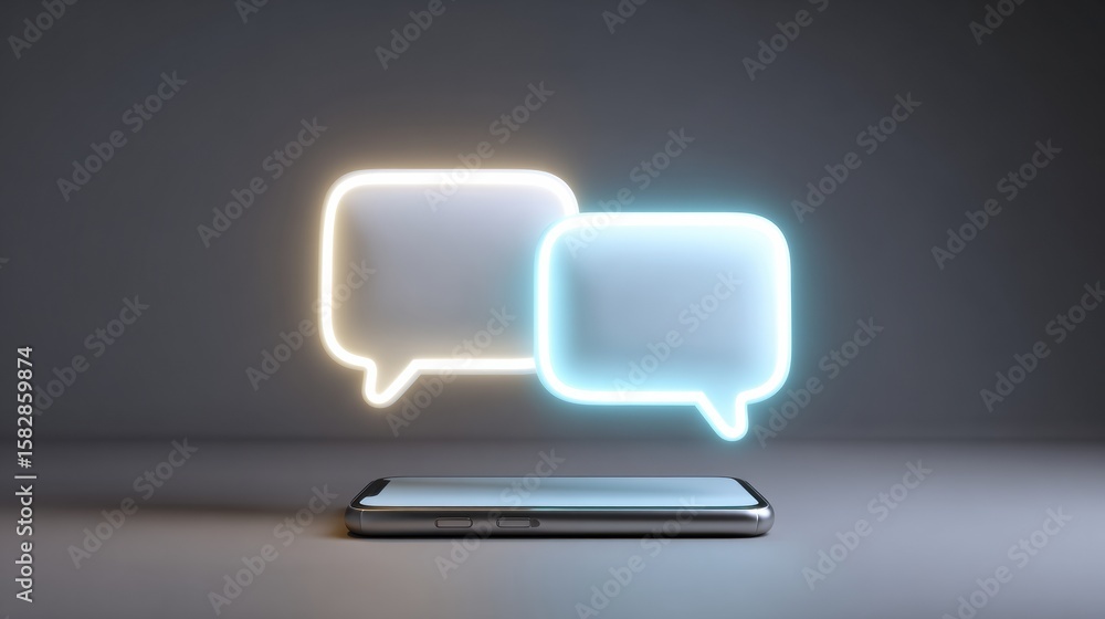 Poster glowing speech bubbles above smartphone in minimalistic setting, representing modern communication a