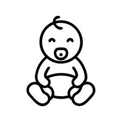 Black-and-white outline vector icon of baby sitting with pacifier. Parenting, baby product ads, educational materials, and children's books focused on infant development.