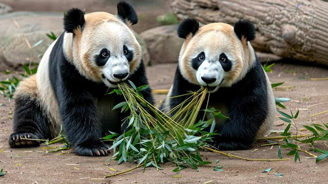 Two cute pandas selectively nibble on bamboo while enjoying their time together in a serene environment filled with lush greenery