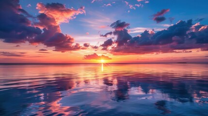 Fototapeta premium Colorful sunset over the ocean with clouds and reflections/ stock photo --ar 16:9 --raw --v 6 Job ID: aa31a634-7195-4ddc-af37-d6cc898209fb