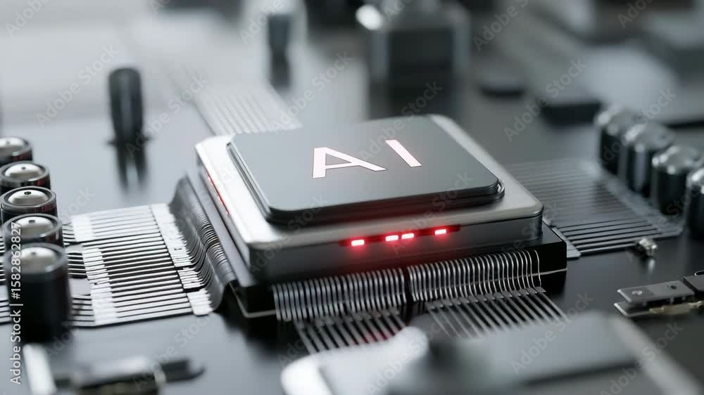 Poster a computer chip with the letters ai on it. the chip is glowing red and black. concept of technology 
