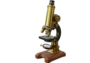 Isolated Vintage Brass Microscope on Wooden Base