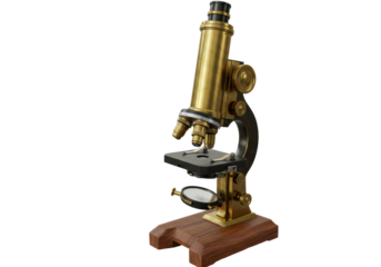 Isolated Vintage Brass Microscope on Wooden Base
