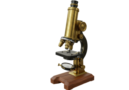 Isolated Vintage Brass Microscope on Wooden Base