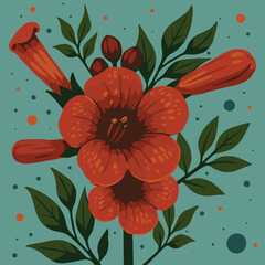 A vibrant red-orange trumpet flower with green leaves on a teal background, decorated with scattered colorful dots.
