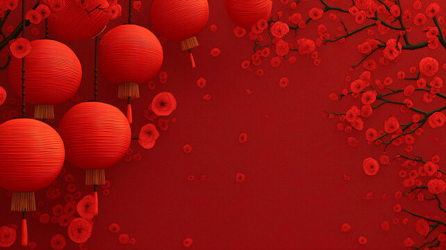 Red lanterns and cherry blossoms create festive Chinese New Year background, symbolizing prosperity and joy. vibrant red color enhances celebratory atmosphere, perfect for lunar new year