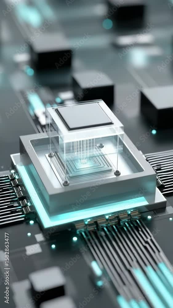 Poster a computer chip is shown in a close up with a blue light shining on it. the chip is surrounded by a 