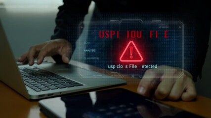 A digital security interface displays a warning alert for a suspicious file detection, highlighting potential malware threat during active system scan in a corporate cybersecurity environment. - Powered by Adobe